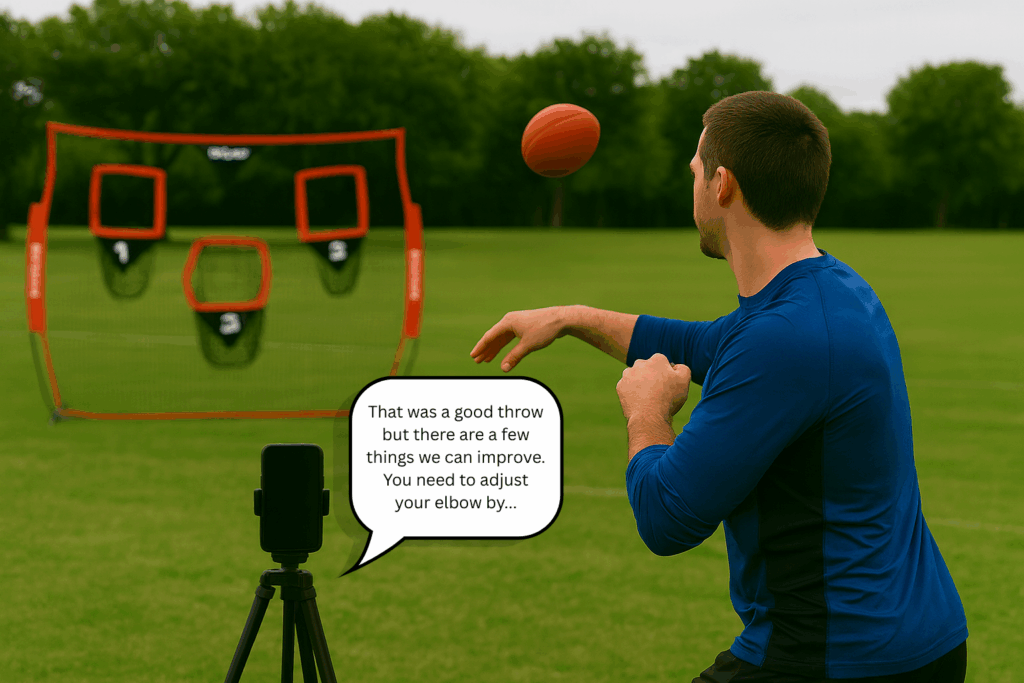 A quarterback throwing the football being trained by an AI Coach